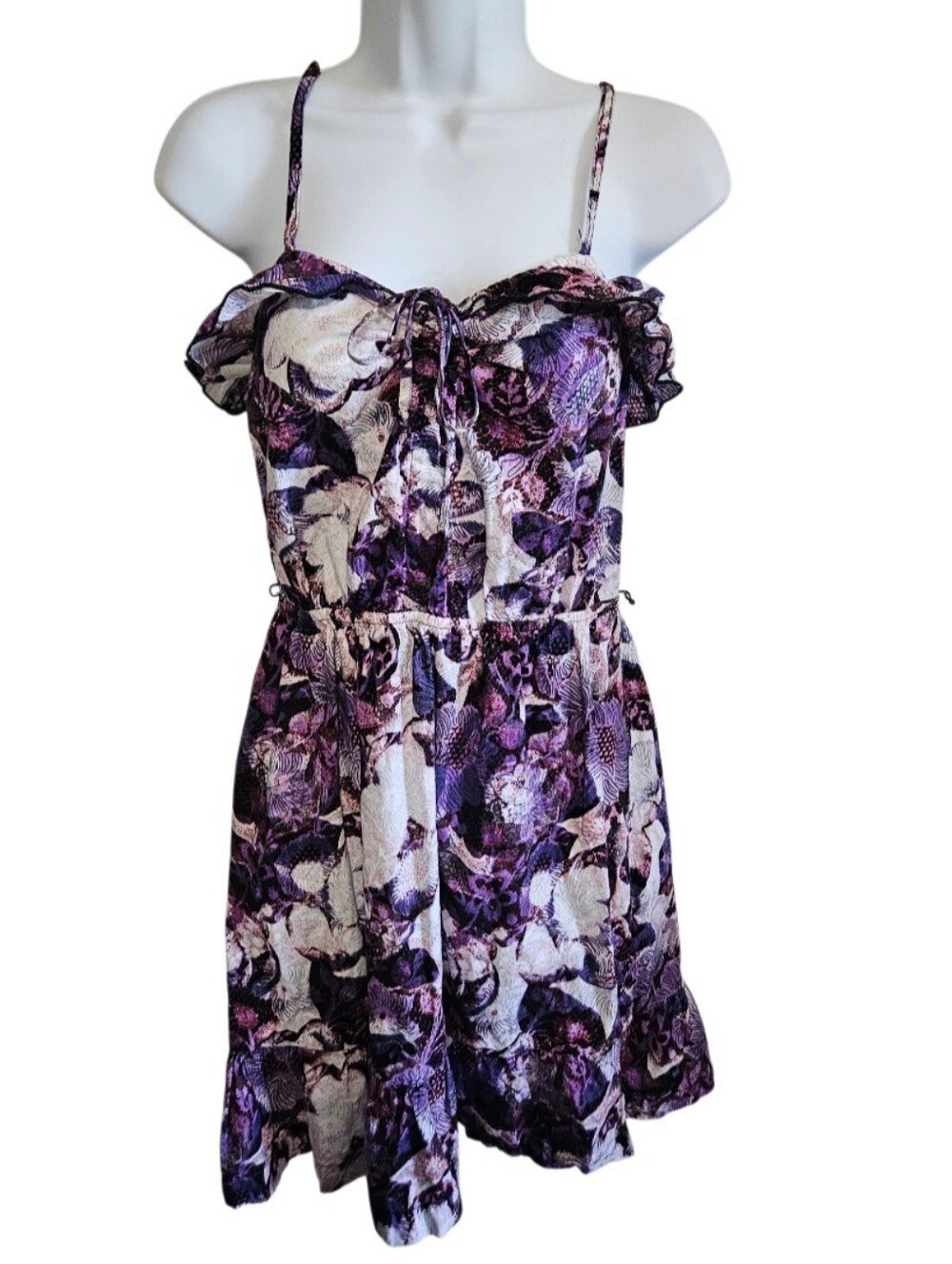 0084 OP Ocean Pacific Purple Floral Ruffle Mini Dress Spaghetti Strap Y2K Medium